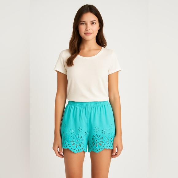American Eagle Aqua Blue Eyelet Scallop Hem Shorts S - Picture 1 of 11